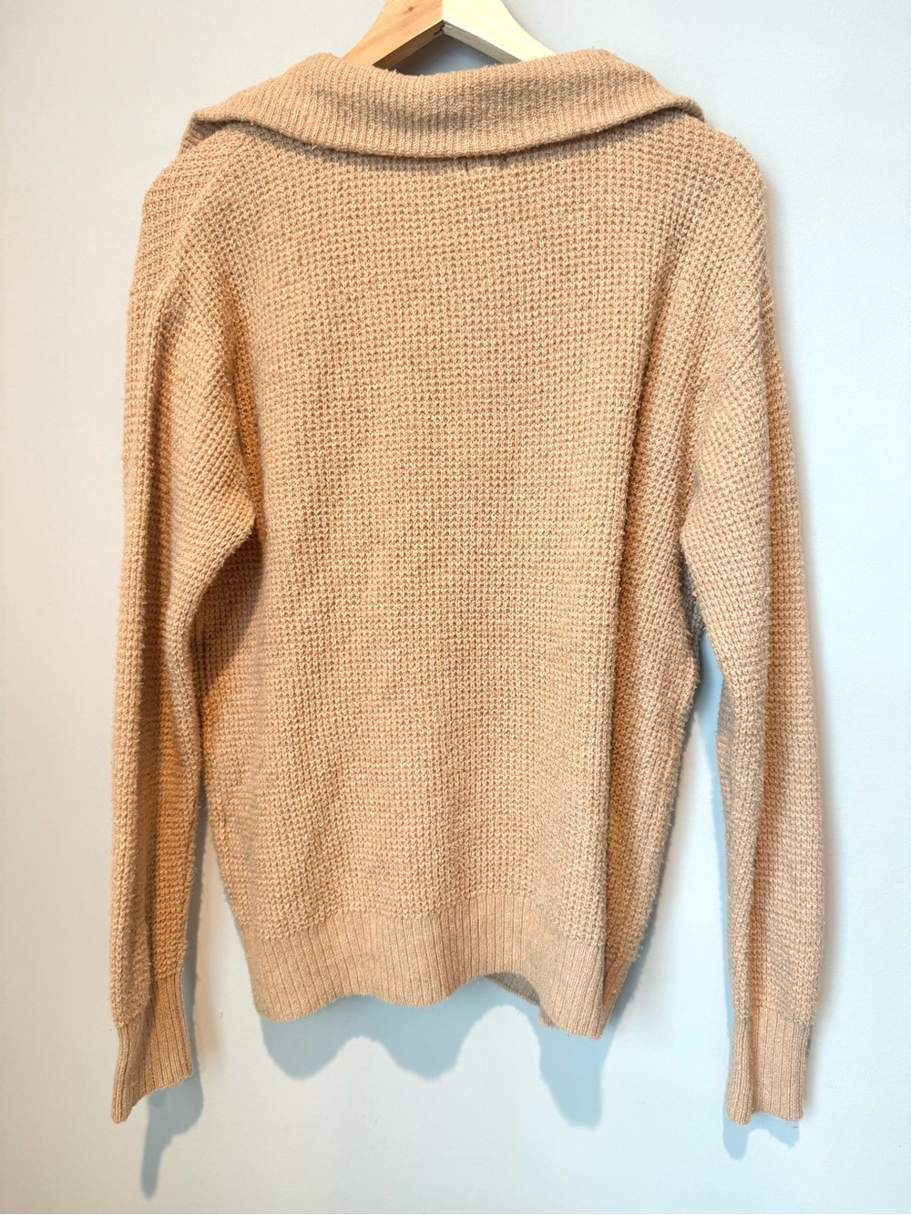 Aerie Cozy Beige Fuzzy Knit Waffle Weave Pullover Sweater with Button Collar - Picture 3 of 3
